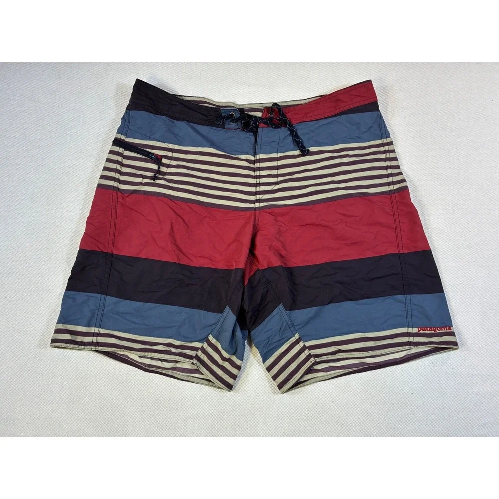 Patagonia Mens 36 Board Shorts‎ Striped Red Navy Blue Surf Swim Trunks 9 Inseam